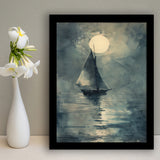 Muted Sailboat In Moonlight, Old Vintage Style, Framed Art Prints Wall Decor, Picture Framed Painting