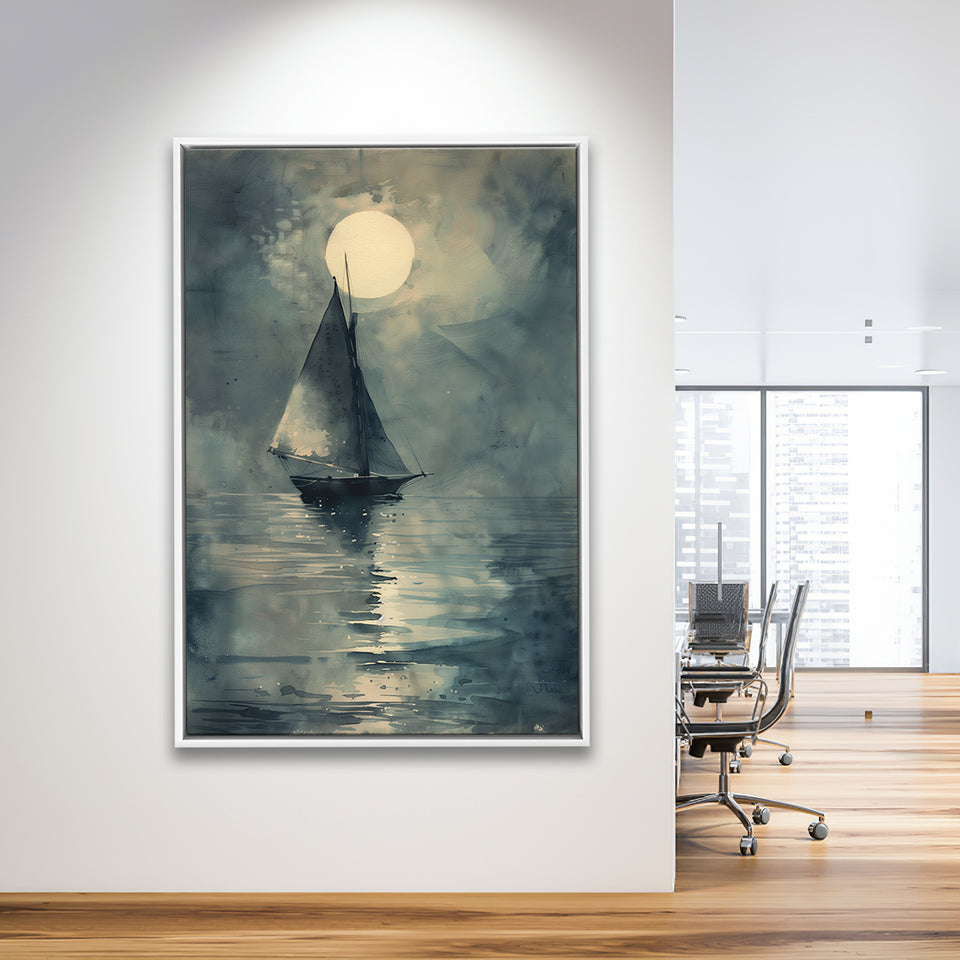 Muted Sailboat In Moonlight, Old Vintage Style, Framed Canvas Prints Wall Art Decor, Floarting Frame Painting Canvas Art