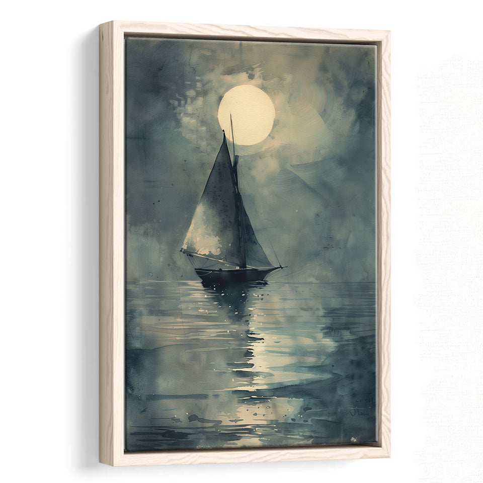 Muted Sailboat In Moonlight, Old Vintage Style, Framed Canvas Prints Wall Art Decor, Floarting Frame Painting Canvas Art