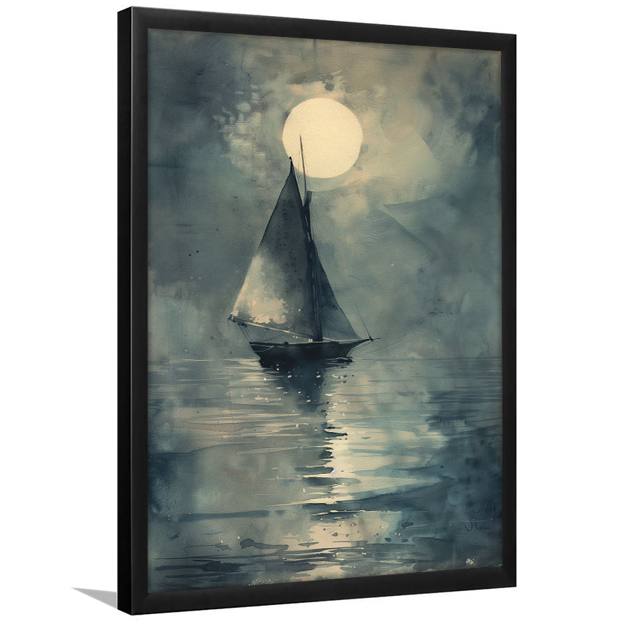 Muted Sailboat In Moonlight, Old Vintage Style, Framed Art Prints Wall Decor, Picture Framed Painting