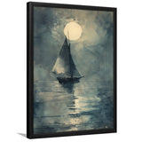 Muted Sailboat In Moonlight, Old Vintage Style, Framed Art Prints Wall Decor, Picture Framed Painting