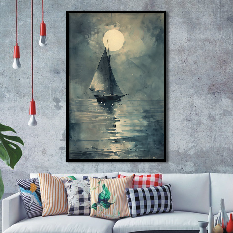 Muted Sailboat In Moonlight, Old Vintage Style, Framed Art Prints Wall Decor, Picture Framed Painting