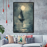 Muted Sailboat In Moonlight, Old Vintage Style, Framed Art Prints Wall Decor, Picture Framed Painting