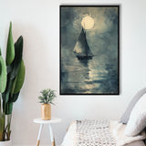 Muted Sailboat In Moonlight, Old Vintage Style, Framed Canvas Prints Wall Art Decor, Floarting Frame Painting Canvas Art