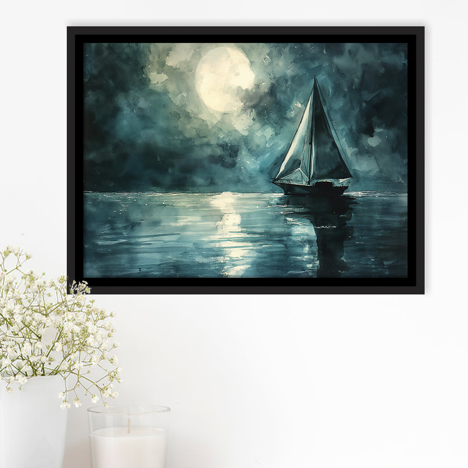 Muted Sailboat In Moonlight Watercolor Painting Art, Framed Canvas Print Wall Art Decor, Floating Frame Painting Canvas