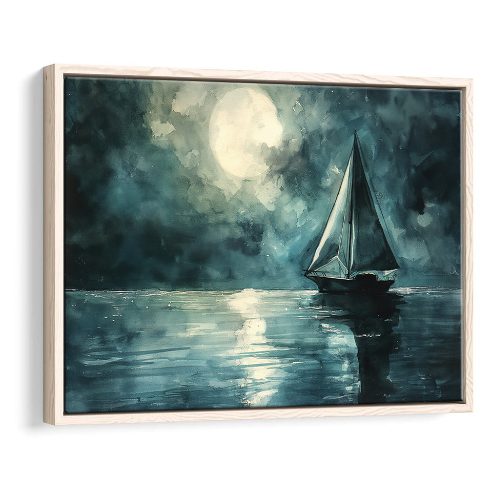 Muted Sailboat In Moonlight Watercolor Painting Art, Framed Canvas Print Wall Art Decor, Floating Frame Painting Canvas