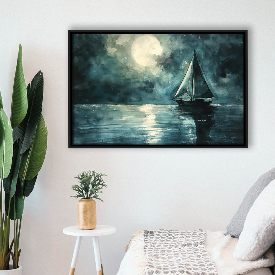 Muted Sailboat In Moonlight Watercolor Painting Art, Framed Canvas Print Wall Art Decor, Floating Frame Painting Canvas
