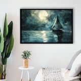 Muted Sailboat In Moonlight Watercolor Painting Art, Framed Canvas Print Wall Art Decor, Floating Frame Painting Canvas
