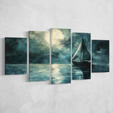 Muted Sailboat In Moonlight Watercolor Painting Art, Mixed 5 Panel Canvas Print Wall Art Decor, Large Canvas Painting