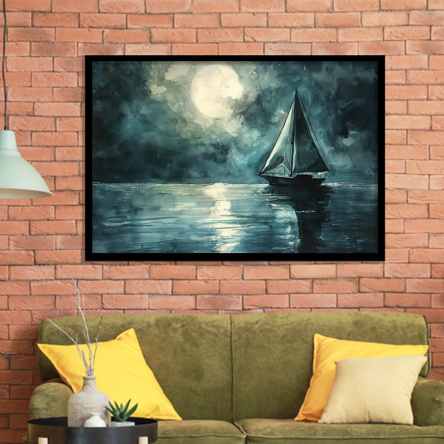 Muted Sailboat In Moonlight Watercolor Painting Art, Framed Art Print Wall Decor, Picture Framed Painting Art