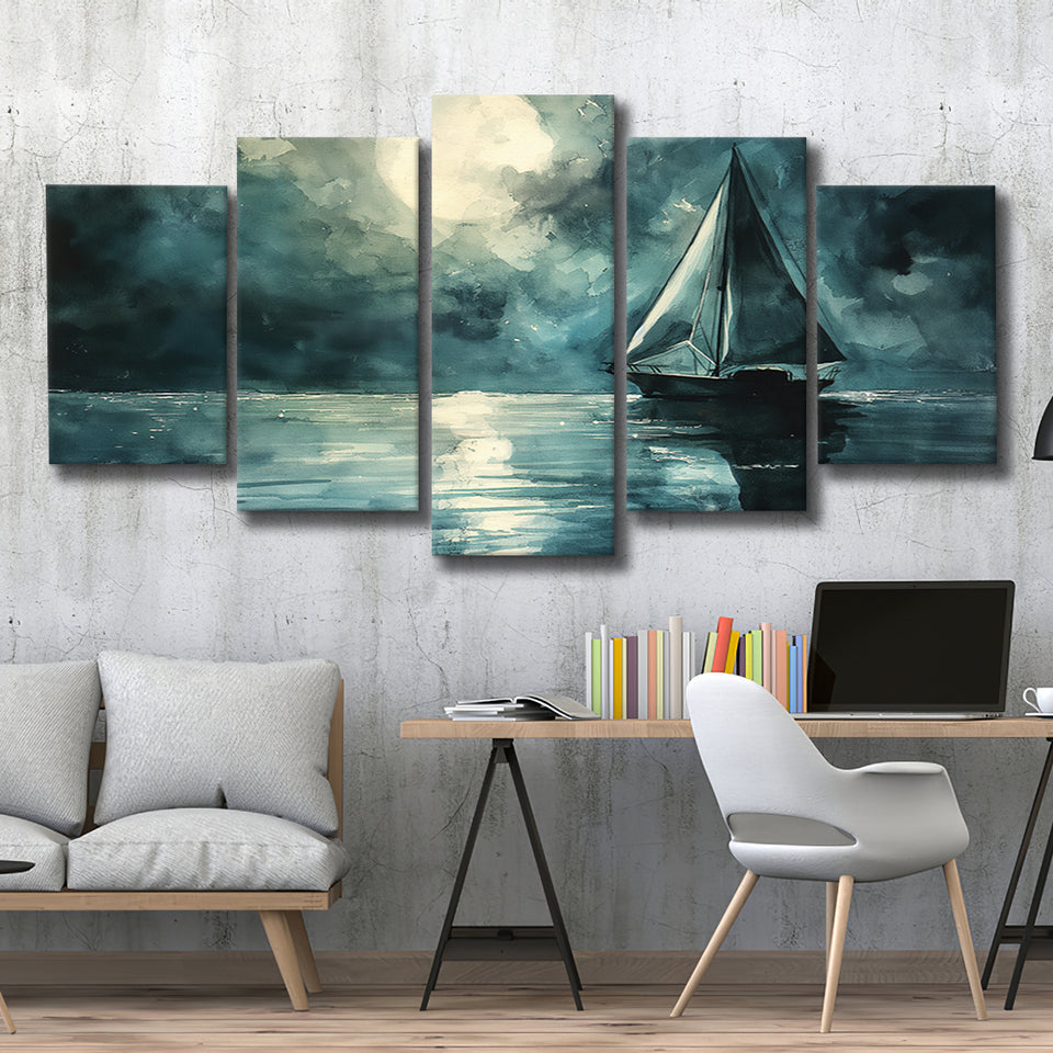 Muted Sailboat In Moonlight Watercolor Painting Art, Mixed 5 Panel Canvas Print Wall Art Decor, Large Canvas Painting