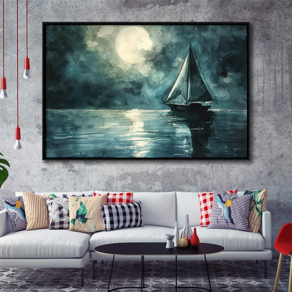 Muted Sailboat In Moonlight Watercolor Painting Art, Framed Canvas Print Wall Art Decor, Floating Frame Painting Canvas