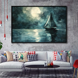 Muted Sailboat In Moonlight Watercolor Painting Art, Framed Canvas Print Wall Art Decor, Floating Frame Painting Canvas