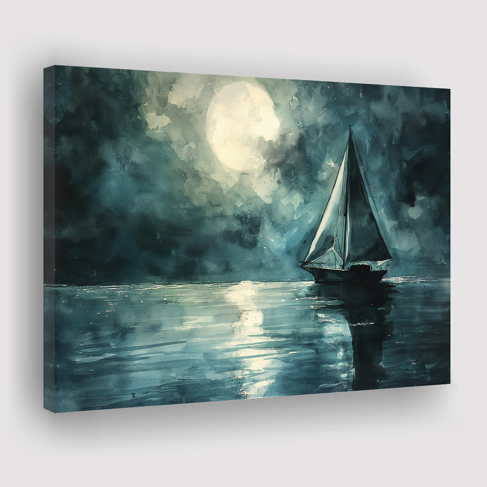 Muted Sailboat In Moonlight Watercolor Painting Art, Canvas Print Wall Art Home Decor, Painting Canvas Art Print