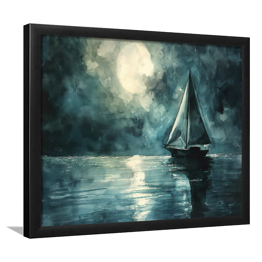 Muted Sailboat In Moonlight Watercolor Painting Art, Framed Art Print Wall Decor, Picture Framed Painting Art