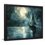 Muted Sailboat In Moonlight Watercolor Painting Art, Framed Art Print Wall Decor, Picture Framed Painting Art