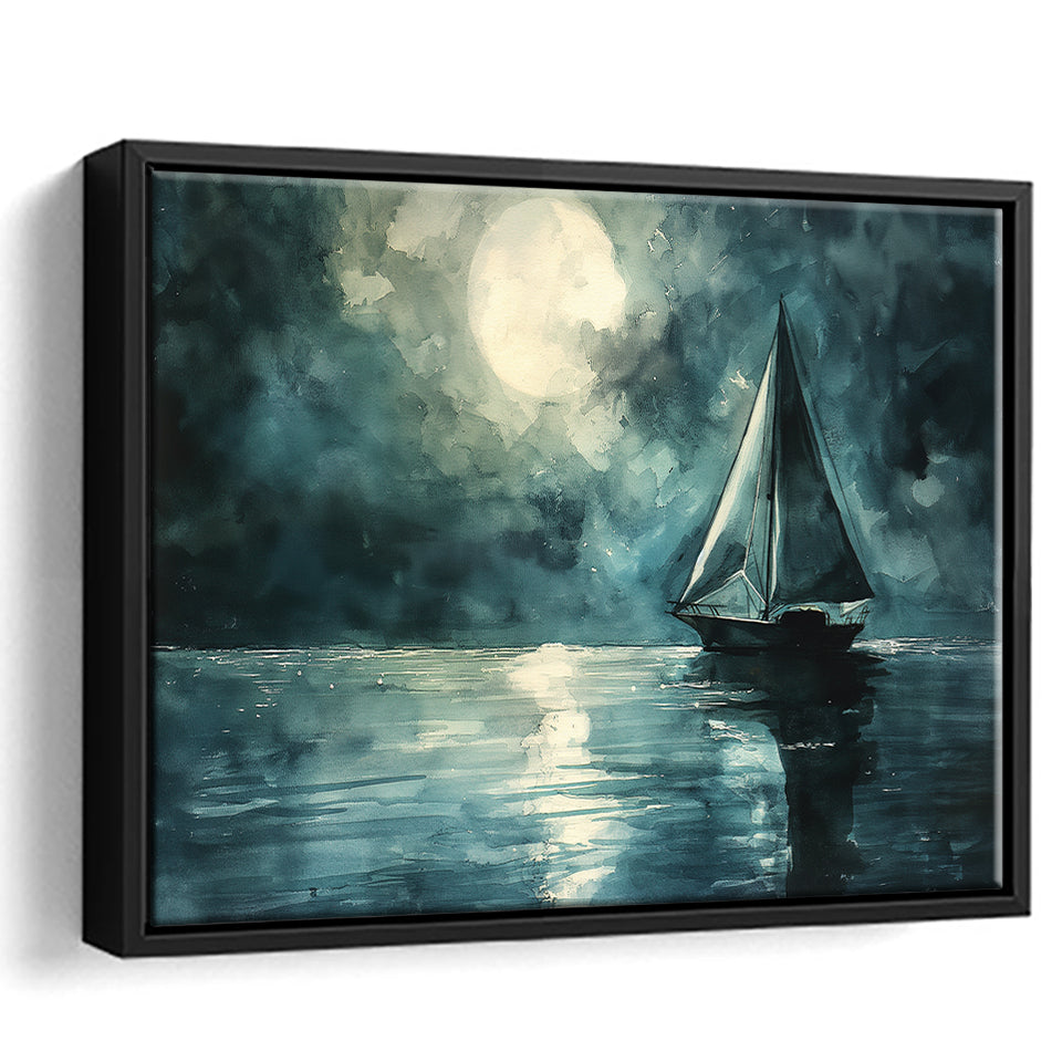 Muted Sailboat In Moonlight Watercolor Painting Art, Framed Canvas Print Wall Art Decor, Floating Frame Painting Canvas