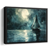 Muted Sailboat In Moonlight Watercolor Painting Art, Framed Canvas Print Wall Art Decor, Floating Frame Painting Canvas