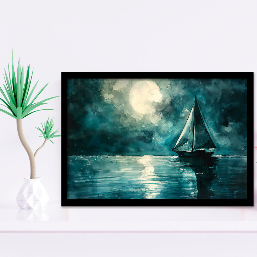 Muted Sailboat In Moonlight Watercolor Painting Art, Framed Art Print Wall Decor, Picture Framed Painting Art