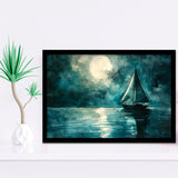 Muted Sailboat In Moonlight Watercolor Painting Art, Framed Art Print Wall Decor, Picture Framed Painting Art