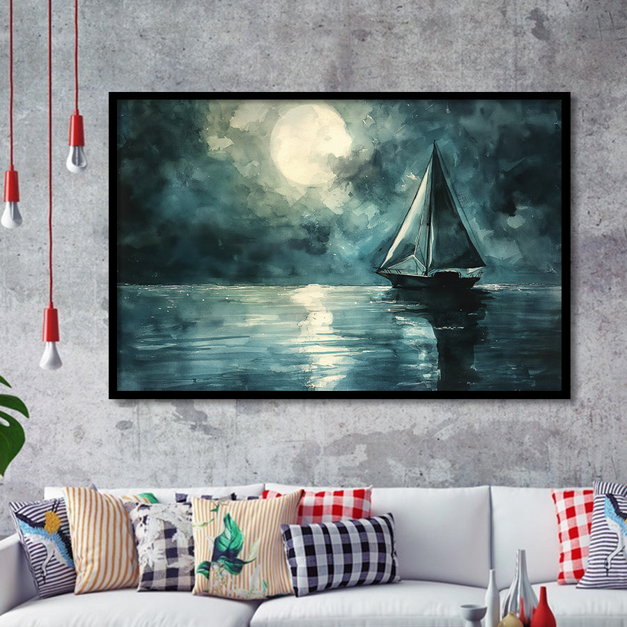 Muted Sailboat In Moonlight Watercolor Painting Art, Framed Art Print Wall Decor, Picture Framed Painting Art