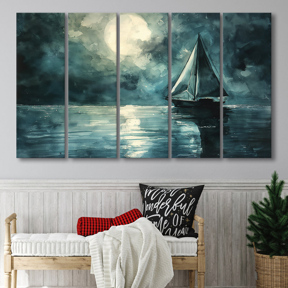 Muted Sailboat In Moonlight Watercolor Painting Art, Mixed 5 Panel B Canvas Print Wall Art Decor, Extra Large Canvas
