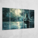 Muted Sailboat In Moonlight Watercolor Painting Art, Mixed 5 Panel B Canvas Print Wall Art Decor, Extra Large Canvas