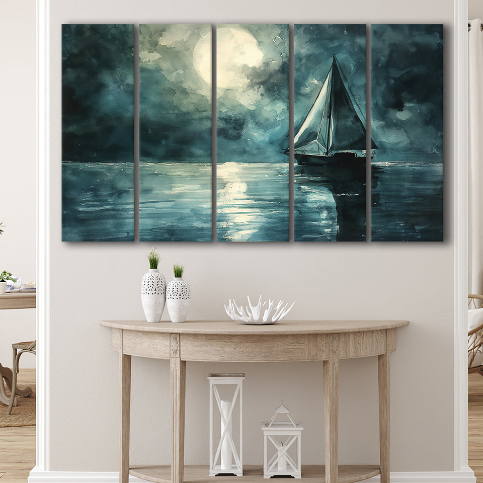 Muted Sailboat In Moonlight Watercolor Painting Art, Mixed 5 Panel B Canvas Print Wall Art Decor, Extra Large Canvas