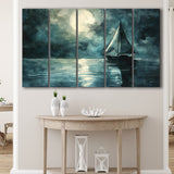 Muted Sailboat In Moonlight Watercolor Painting Art, Mixed 5 Panel B Canvas Print Wall Art Decor, Extra Large Canvas