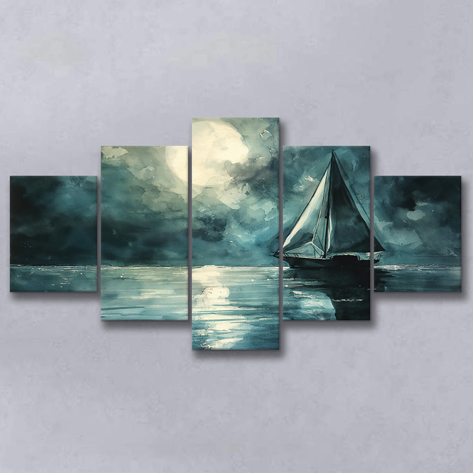 Muted Sailboat In Moonlight Watercolor Painting Art, Mixed 5 Panel Canvas Print Wall Art Decor, Large Canvas Painting