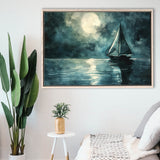 Muted Sailboat In Moonlight Watercolor Painting Art, Framed Canvas Print Wall Art Decor, Floating Frame Painting Canvas