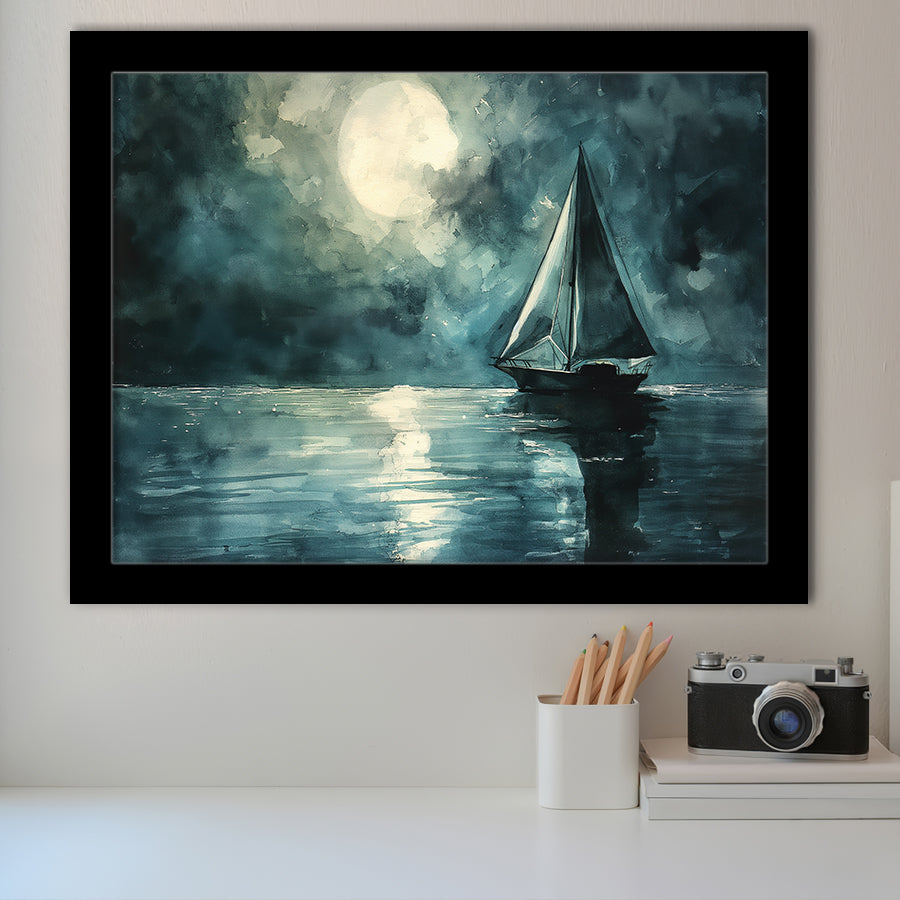Muted Sailboat In Moonlight Watercolor Painting Art, Framed Art Print Wall Decor, Picture Framed Painting Art