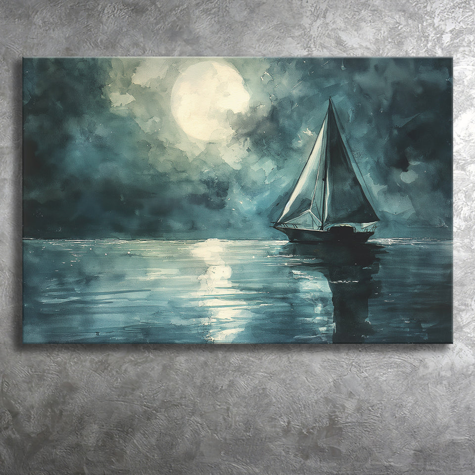 Muted Sailboat In Moonlight Watercolor Painting Art, Canvas Print Wall Art Home Decor, Painting Canvas Art Print