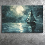 Muted Sailboat In Moonlight Watercolor Painting Art, Canvas Print Wall Art Home Decor, Painting Canvas Art Print