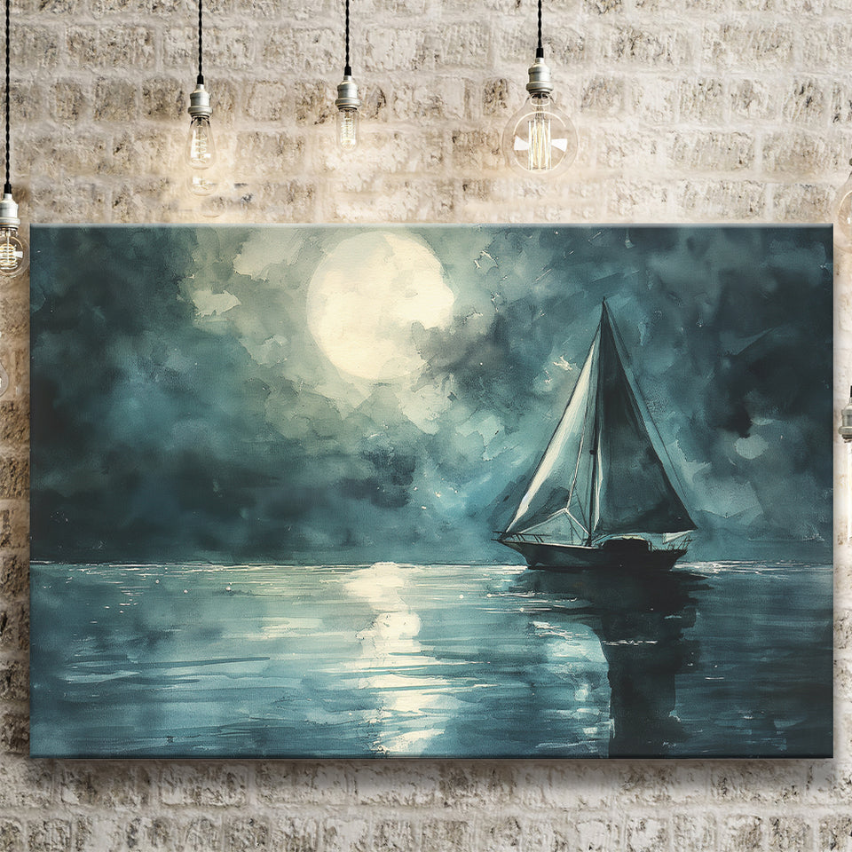 Muted Sailboat In Moonlight Watercolor Painting Art, Canvas Print Wall Art Home Decor, Painting Canvas Art Print