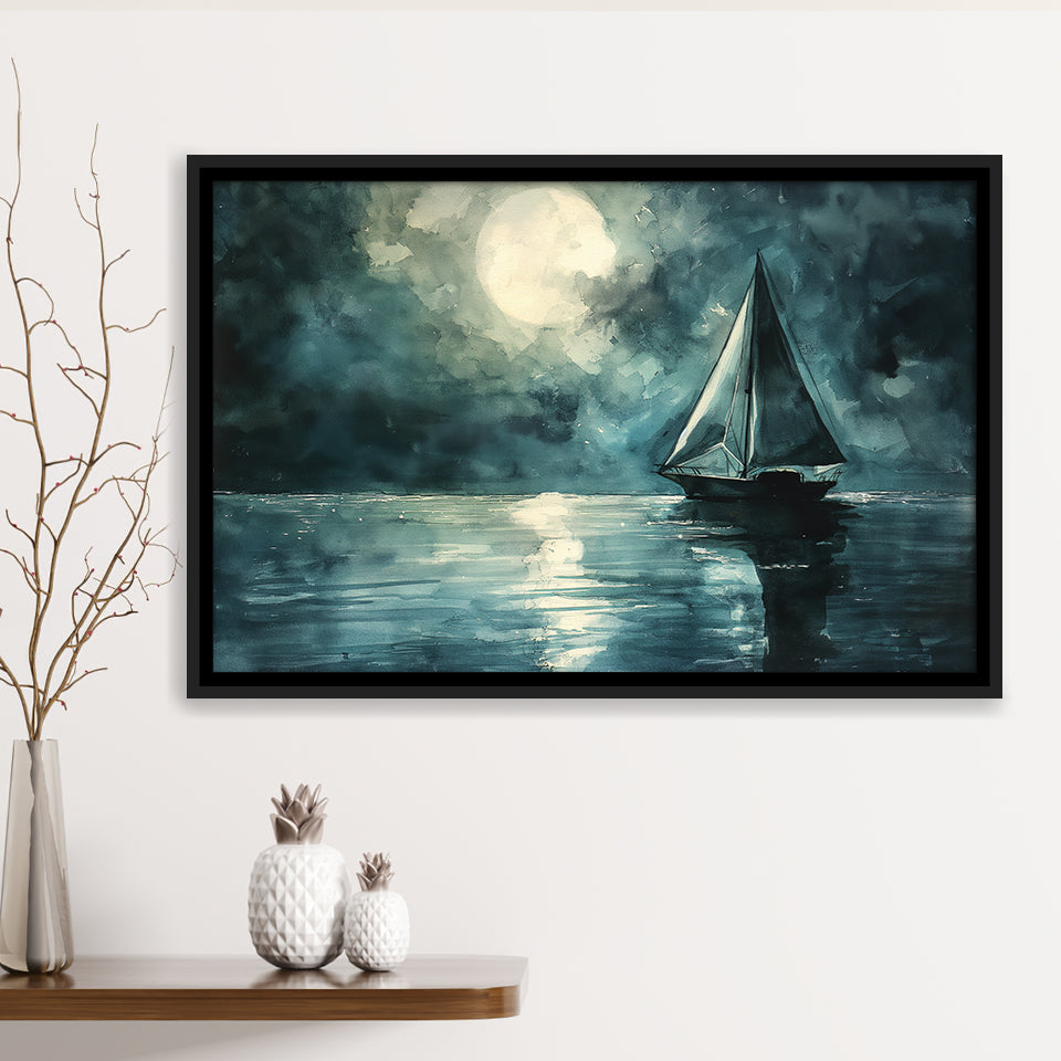 Muted Sailboat In Moonlight Watercolor Painting Art, Framed Canvas Print Wall Art Decor, Floating Frame Painting Canvas