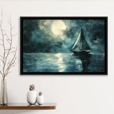 Muted Sailboat In Moonlight Watercolor Painting Art, Framed Canvas Print Wall Art Decor, Floating Frame Painting Canvas