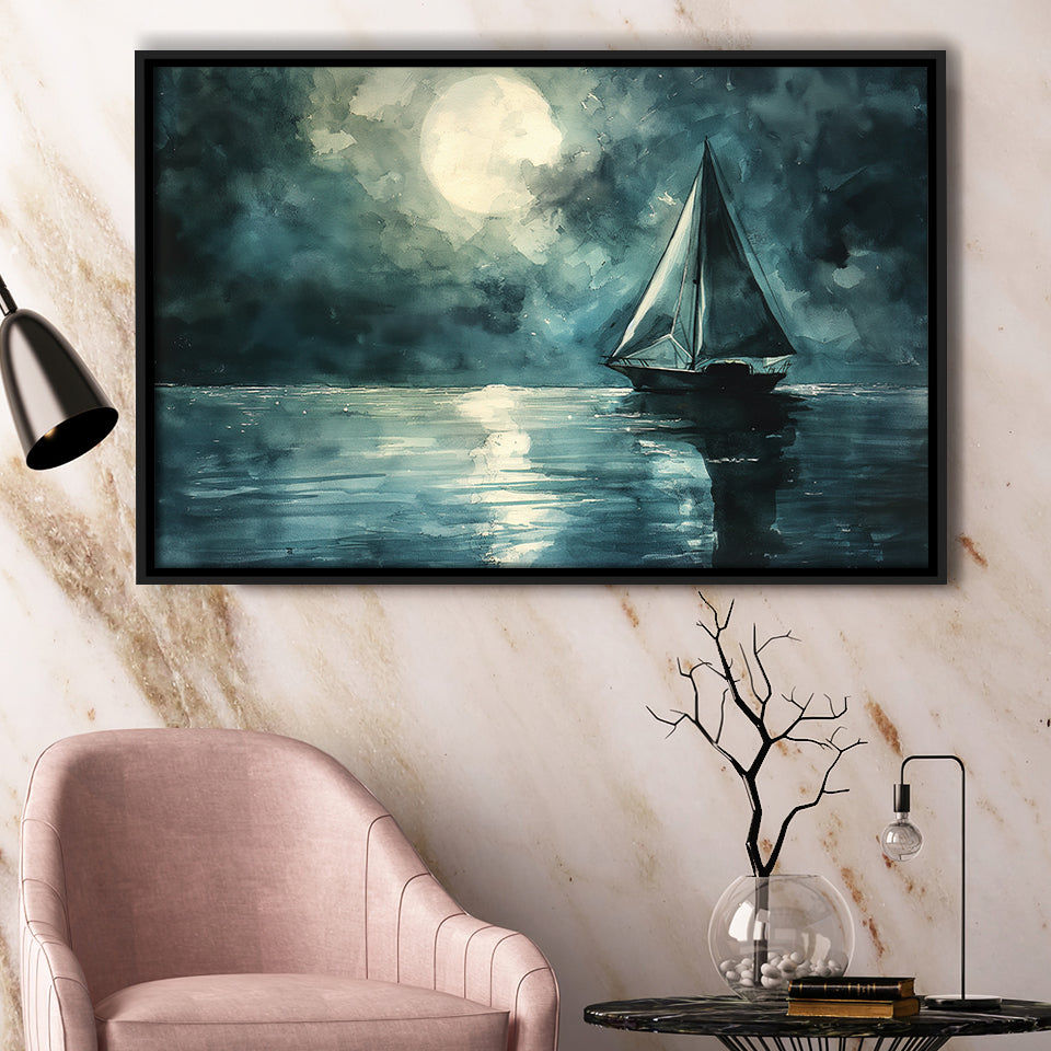 Muted Sailboat In Moonlight Watercolor Painting Art, Framed Canvas Print Wall Art Decor, Floating Frame Painting Canvas