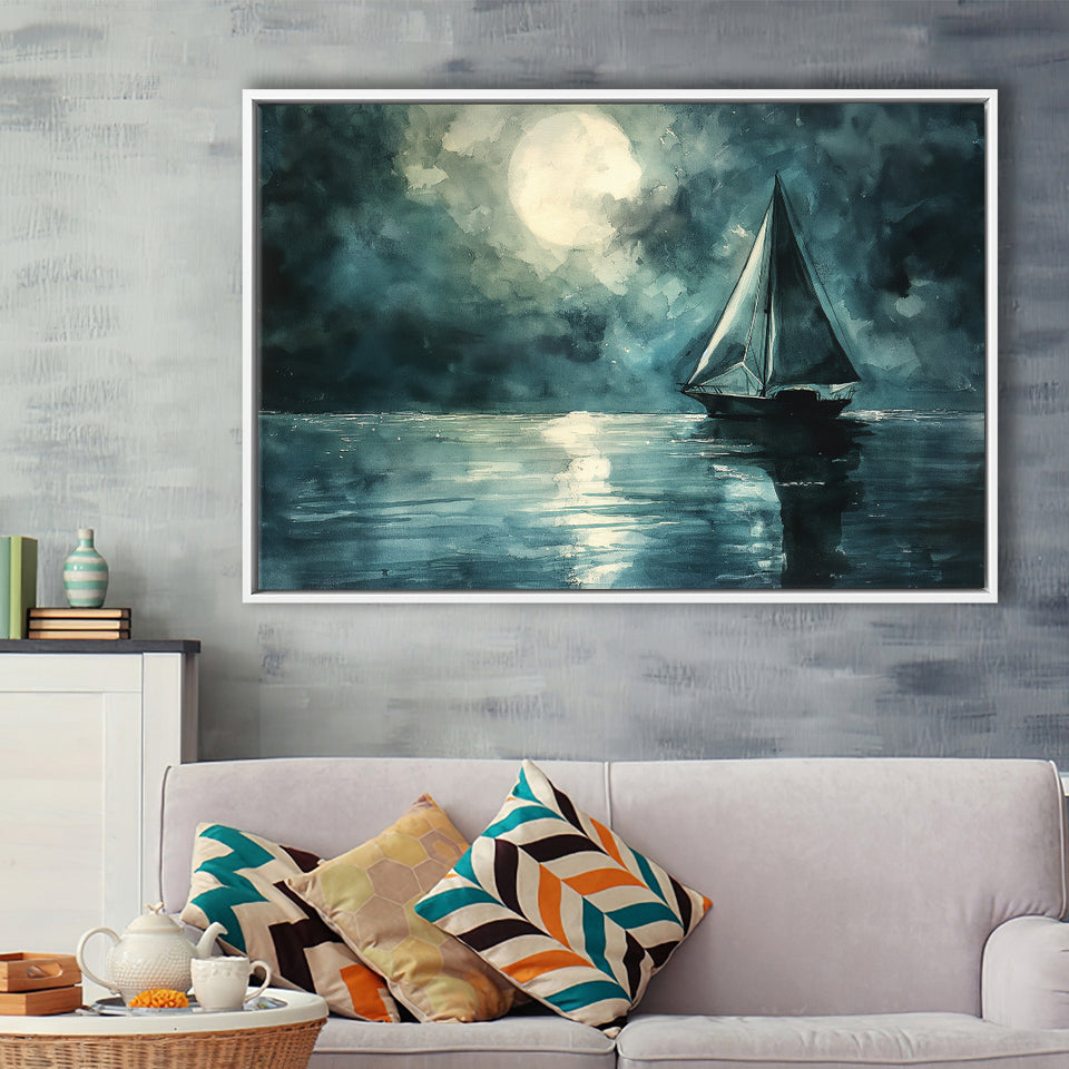 Muted Sailboat In Moonlight Watercolor Painting Art, Framed Canvas Print Wall Art Decor, Floating Frame Painting Canvas