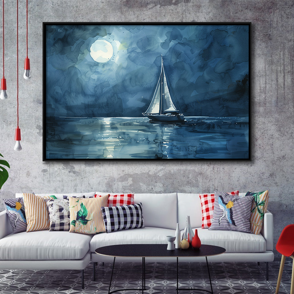 Muted Sailboat In Moonlight Watercolor Painting V3, Framed Canvas Print Wall Art Decor, Floating Frame Painting Canvas