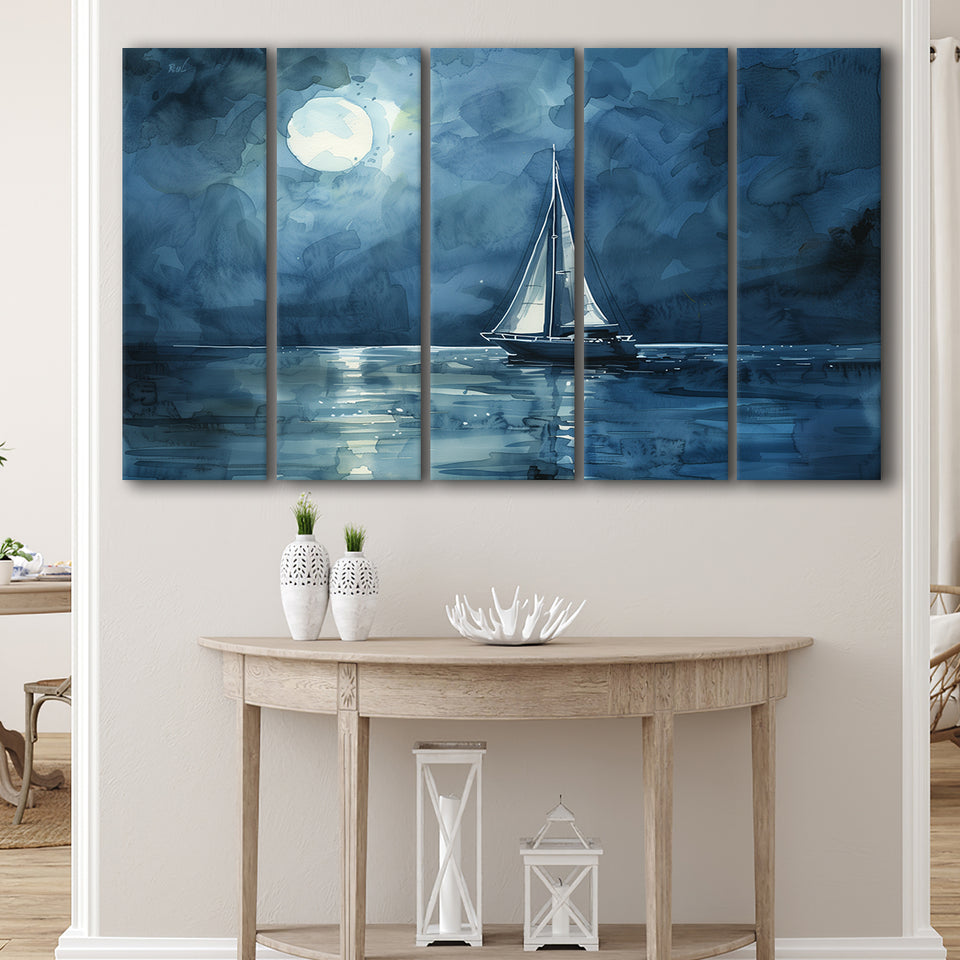 Muted Sailboat In Moonlight Watercolor Painting V3, Mixed 5 Panel B Canvas Print Wall Art Decor, Extra Large Painting Canvas