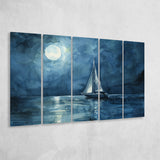 Muted Sailboat In Moonlight Watercolor Painting V3, Mixed 5 Panel B Canvas Print Wall Art Decor, Extra Large Painting Canvas