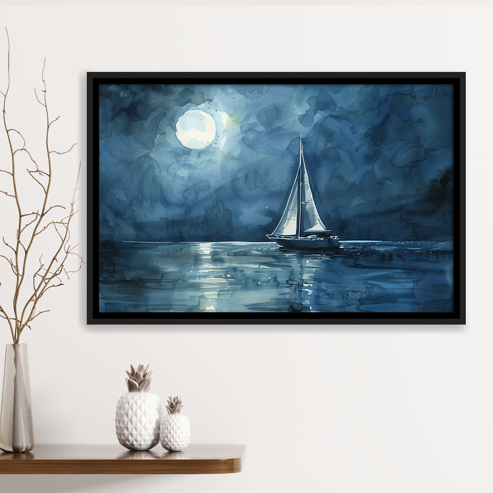 Muted Sailboat In Moonlight Watercolor Painting V3, Framed Canvas Print Wall Art Decor, Floating Frame Painting Canvas
