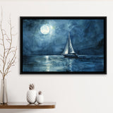 Muted Sailboat In Moonlight Watercolor Painting V3, Framed Canvas Print Wall Art Decor, Floating Frame Painting Canvas