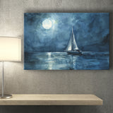 Muted Sailboat In Moonlight Watercolor Painting V3, Canvas Print Wall Art Home Decor, Painting Canvas Art Print