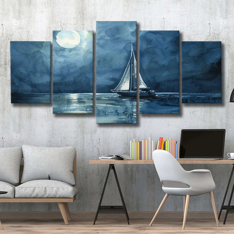Muted Sailboat In Moonlight Watercolor Painting V3, Mixed 5 Panel Canvas Print Wall Art Home Decor, Large Canvas Painting