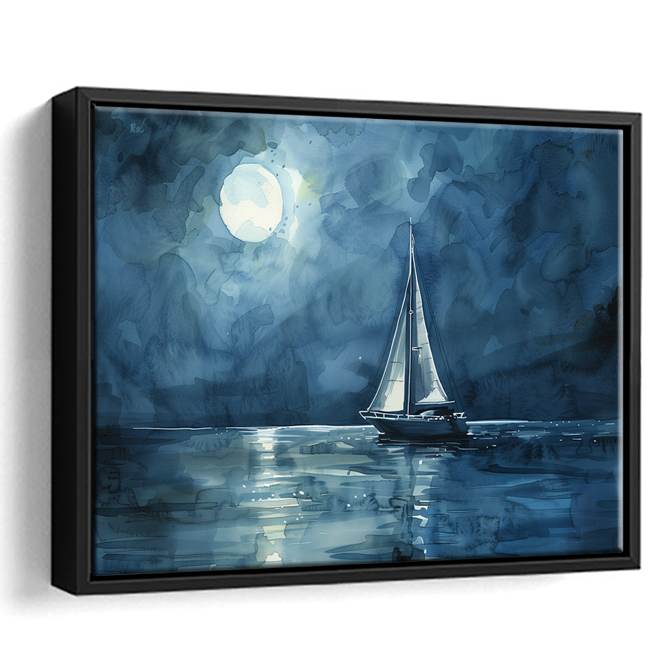 Muted Sailboat In Moonlight Watercolor Painting V3, Framed Canvas Print Wall Art Decor, Floating Frame Painting Canvas
