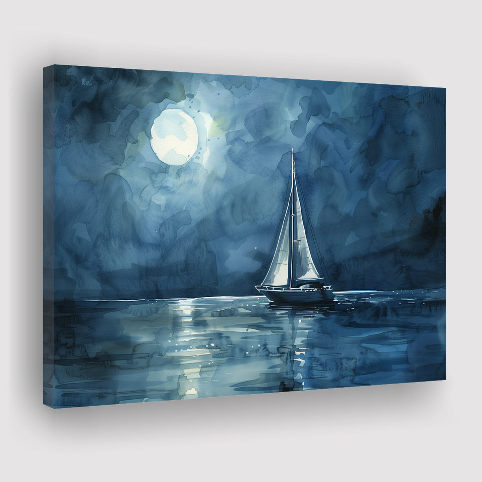 Muted Sailboat In Moonlight Watercolor Painting V3, Canvas Print Wall Art Home Decor, Painting Canvas Art Print