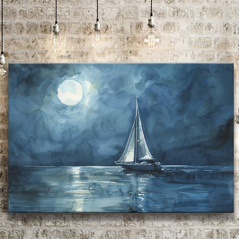 Muted Sailboat In Moonlight Watercolor Painting V3, Canvas Print Wall Art Home Decor, Painting Canvas Art Print