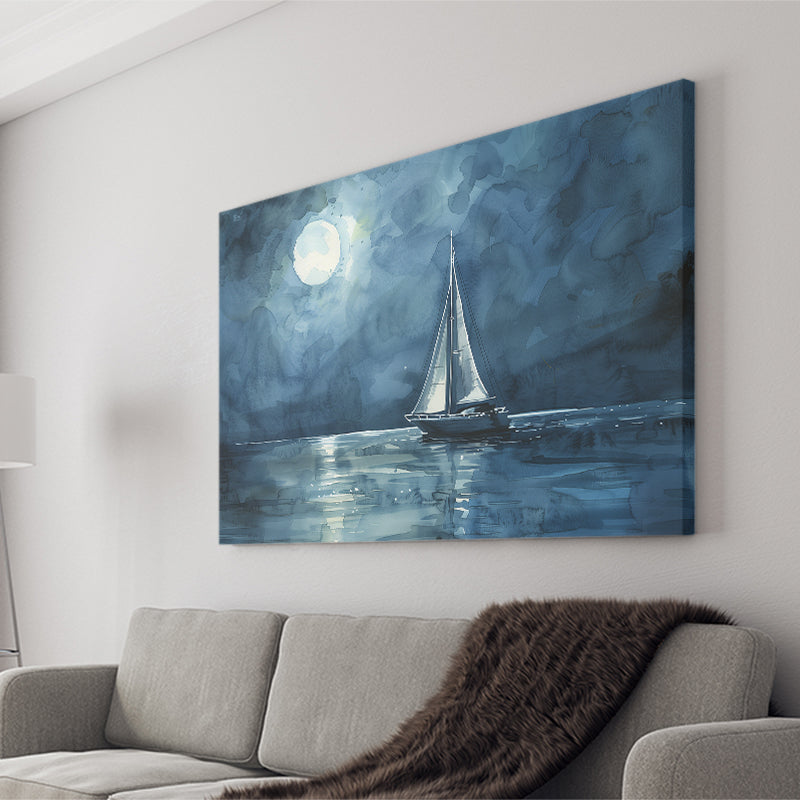 Muted Sailboat In Moonlight Watercolor Painting V3, Canvas Print Wall Art Home Decor, Painting Canvas Art Print
